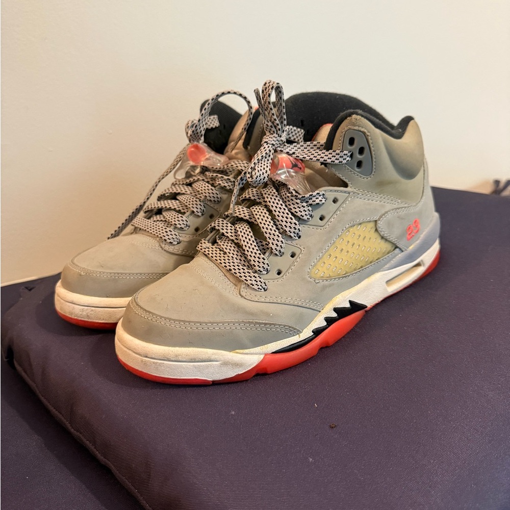 Jordan Gray and Red Sneakers with Shark Tooth Design